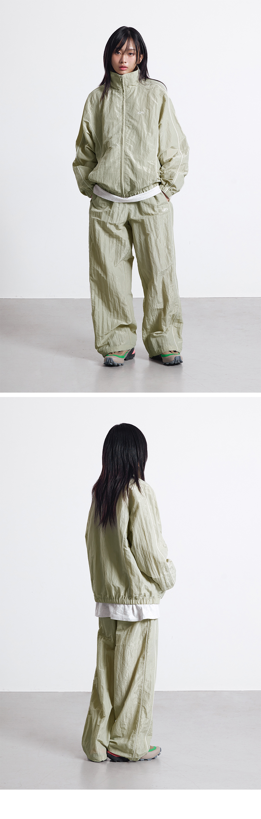 FRESHFON トレパン　ナイロン　サイドライン有り　グリーン ANPAS パンツ Nylon Fabric Side Line Color Switching Track