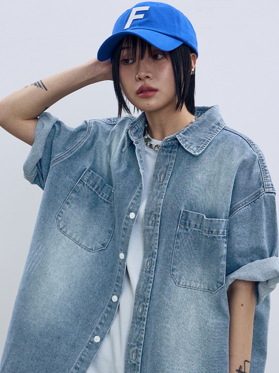 シャツ [FILLUMINATE] Damage washed denim half shirt MUSINSA | FILLUMINATE Damaged Washed Denim Half Shirt - Indigo