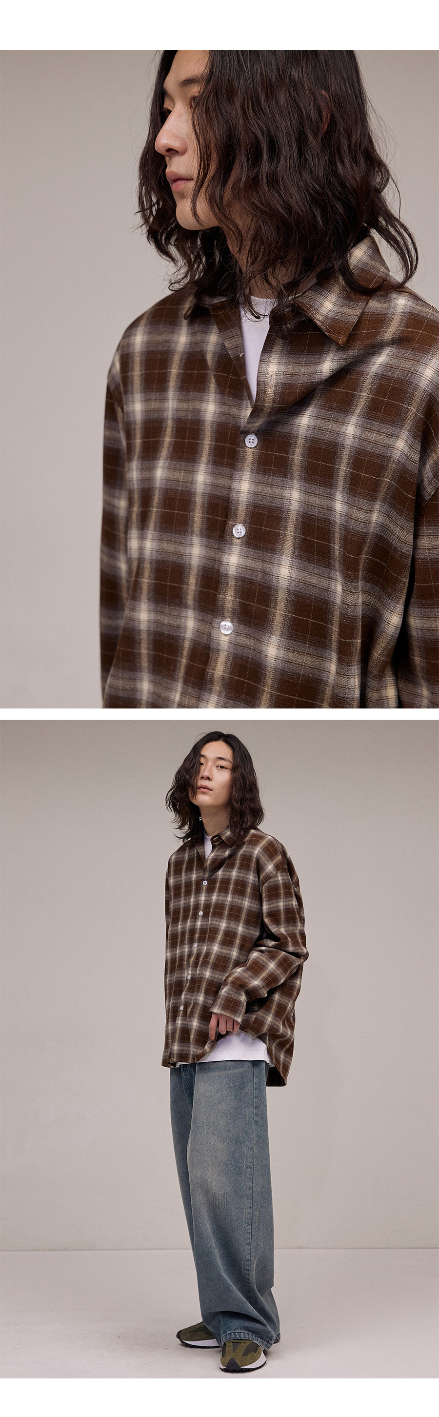 MUSINSA | FILLUMINATE Overfit Plaid Check Shirt-Brown