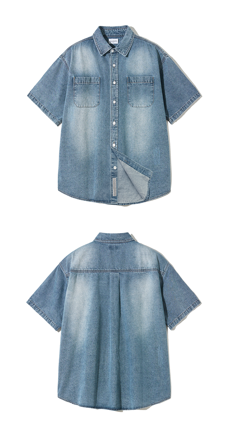 シャツ [FILLUMINATE] Damage washed denim half shirt MUSINSA | FILLUMINATE Damaged Washed Denim Half Shirt - Indigo