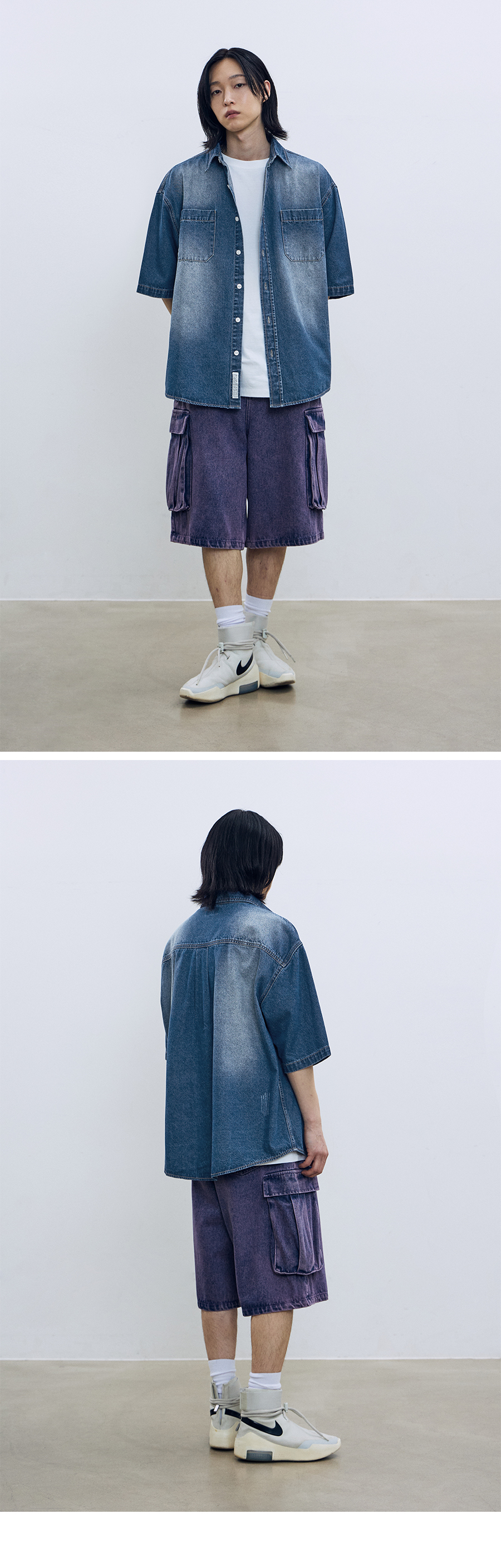 MUSINSA | FILLUMINATE Damaged Washed Denim Half Shirt - Indigo